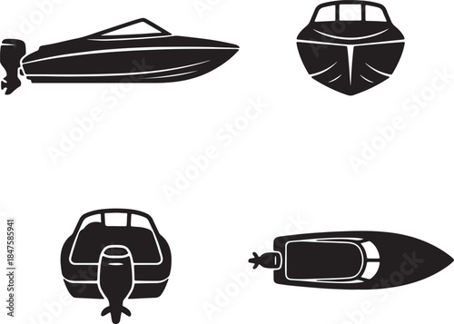 Set of four black silhouette representing a sleek motorboat from multiple viewpoints including side front and angles showcasing its sporty and outboard motor also transparent background