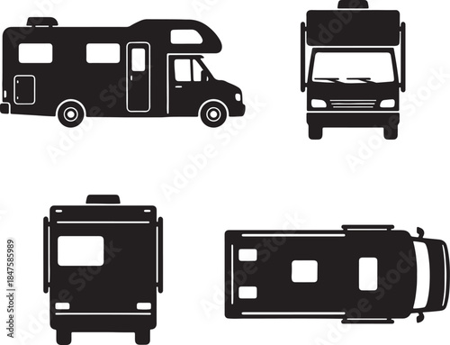 Group of black silhouette representing a recreational vehicle or RV from side front and views showcasing its structure and windows also transparent background