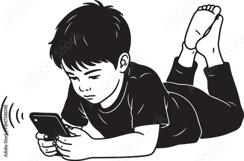 Young boy lying on his stomach engrossed in playing a game on a smartphone with sound waves emanating from the device also transparent background