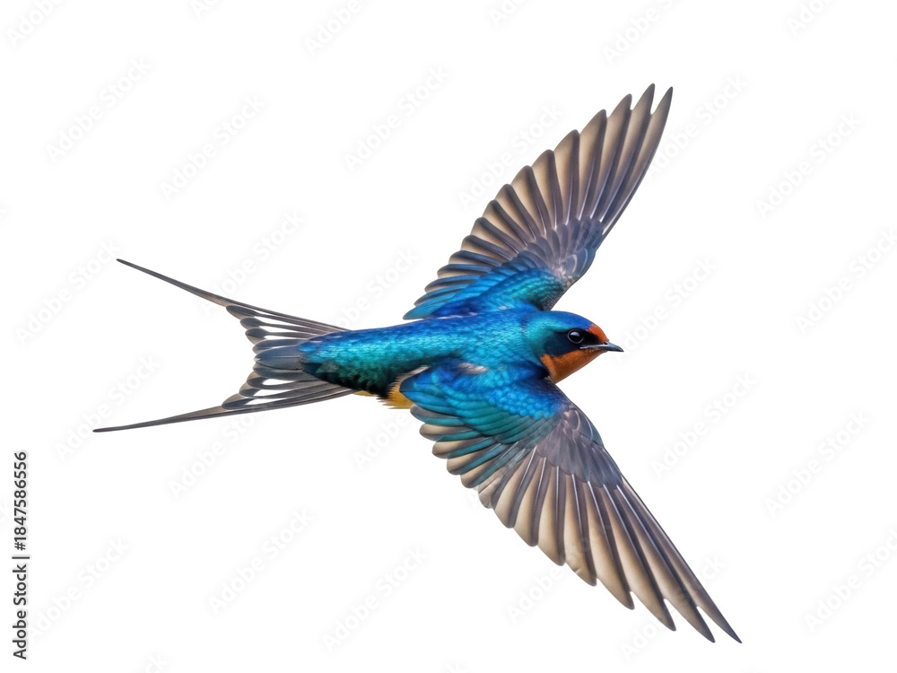 Obraz premium Isolated Barn swallow in flight with iridescent feathers and long tail in midair gracefully