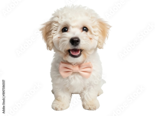 Fotografía Isolated bichon frise puppy wearing a bow tie looks at the viewer with its tongu