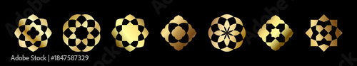 Vector islamic shape set. Geometric oriental ornament logo design collection. Luxury gold mandala pattern on black background, decorative floral motif.