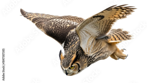 Fotografi Isolated Eagle owl raptor in flight hunting wildlife prey, spread wings, forest