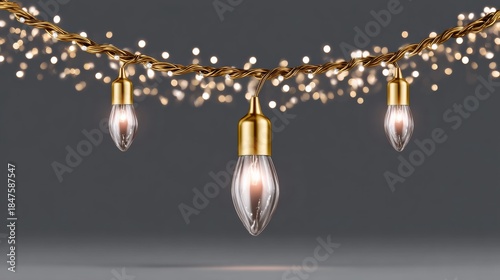 A string of Christmas lights with three bulbs hanging from it. The lights are lit up and the string is hanging from the ceiling