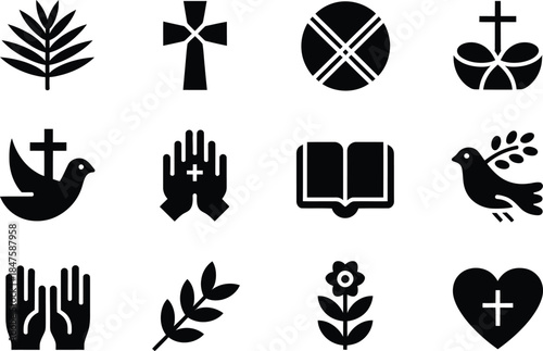 Religious and Spiritual Icon Set with Cross, Book, Prayer Hands and Faith Symbols Black Vector Illustration