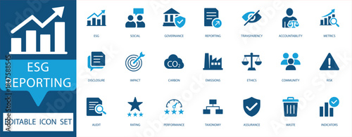 ESG Reporting Icon Set. Environmental, Social, Governance, Sustainability, CSR, Climate Change, Carbon, Ethics, Accountability vector icons for business reports.