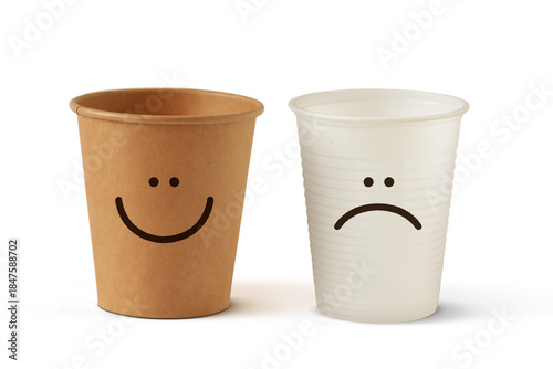 Paper cup with smiling face and plastic cup with sad expression on white background - Concept of ecology and recycling