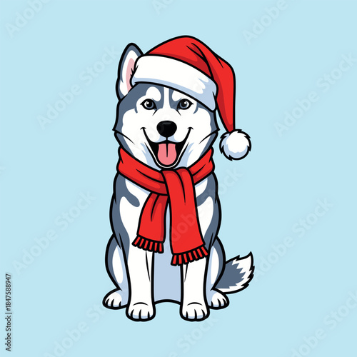 Happy husky dog wearing a santa hat and red scarf