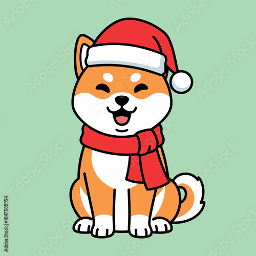 Cute shiba inu dog wearing santa hat and red scarf