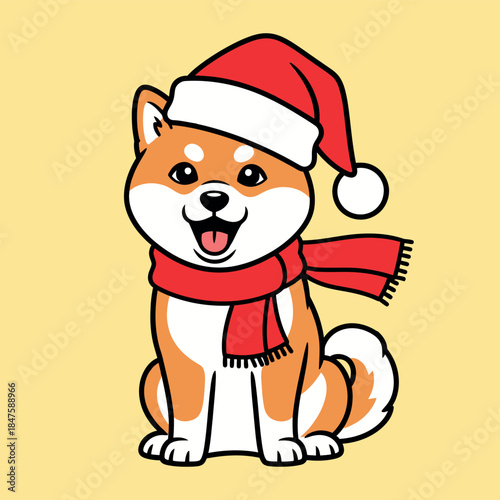 Adorable shiba inu dog wearing santa hat and scarf