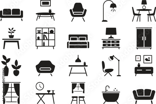 Furniture and Interior Icon Set with Living Room, Home Decor, Office and Household Objects Black Vector Illustration