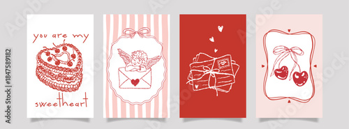 Romantic Valentine card set with hand drawn red sketch illustrations. Cute vintage doodle designs with cake, love letters, cherries, bows and cupid angel. Perfect for greeting cards, wedding and love 