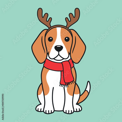 Cute beagle dog wearing reindeer antlers and red scarf