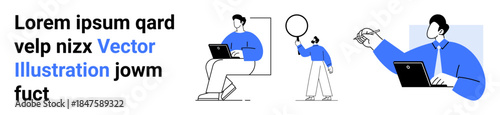 Group of diverse characters using laptops, drawing, and holding objects. Ideal for technology, teamwork, education, communication, brainstorming, creativity and simple landing page