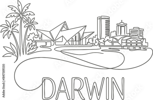 Darwin city skyline continuous one line drawing vector illustration