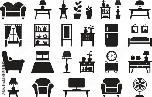 Furniture and Interior Solid Icon Set with Living Room, Home Decor and Household Symbols Black Vector Illustration