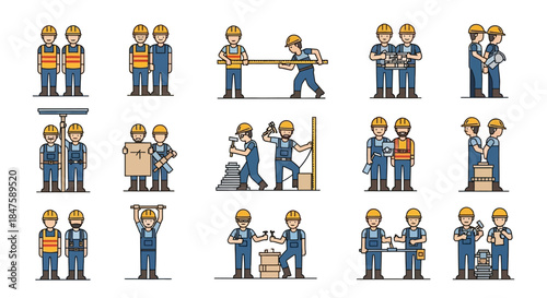 Collection of Construction Worker Icons in Various Poses.