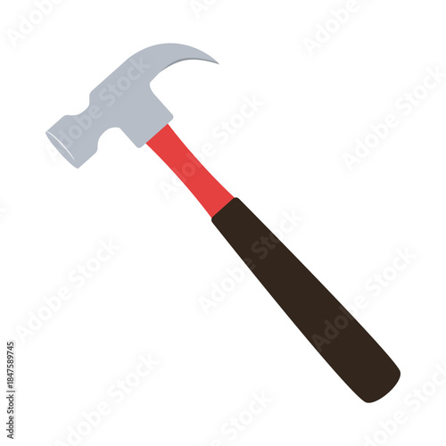 A claw hammer tool with a grey head red shaft and black handle on a white background simple illustration