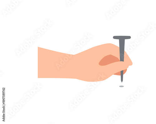 Light-skinned hand holding a metal nail ready for hammering or fixing activity