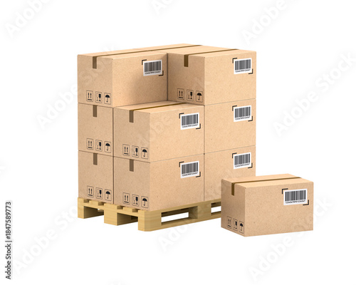 Wooden pallet with cardboard boxes on white background. Isolated 3D illustration