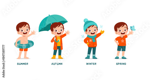 Happy children enjoying summer autumn winter and spring seasons with cheerful playful expressions