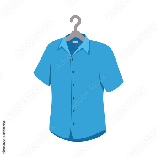 Blue short sleeve button up shirt hanging on a gray hanger simple clean illustration white background