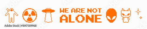 Bright orange pixel art icons with retro sci-fi symbols and text “We Are Not Alone”. Alien icons, UFO, radiation sign on white background with deep contrast, minimal futuristic poster.