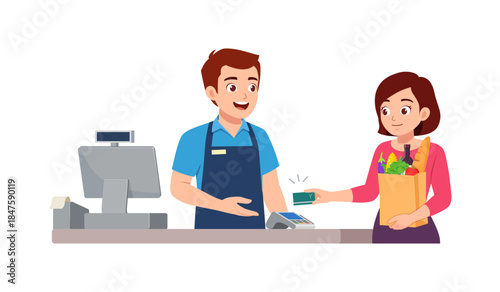 Asian customer woman makes contactless payment at grocery store checkout with smiling Asian male cashier