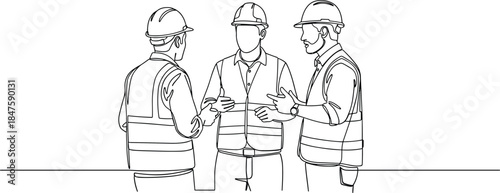 Construction workers team meeting discussion safety planning site engineers architects collaboration line art illustration hard hats reflective vests industrial project communication blueprint 