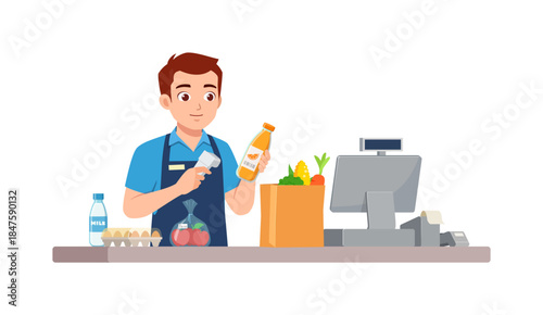 A friendly young male cashier is scanning an orange juice bottle at a supermarket checkout counter with a happy smile