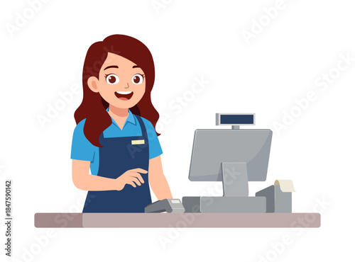 Smiling Asian female cashier working at supermarket checkout counter with happy and friendly expression