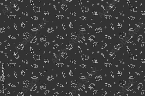 Seamless Chalk Style Pattern of Hand Drawn Bakery and Kitchen Icons on a Dark Blackboard