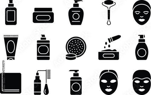 Beauty and cosmetic icon set silhouette style with skincare bottle mask symbols isolated on white background vector illustration