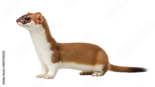 Photos Isolated Stoat in summer coat posing in profile, Mustela erminea, wild carnivoro