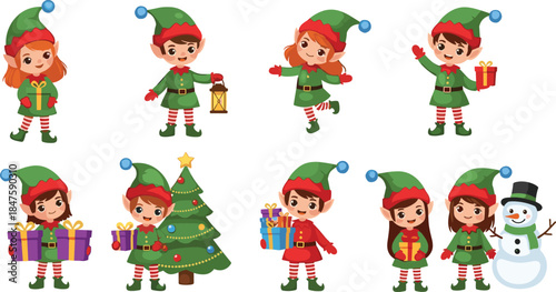 Cute Christmas elf characters illustration set, festive holiday cartoon elves, winter celebration design, gift holding elves, Santa helpers, children illustration, Xmas clipart collection