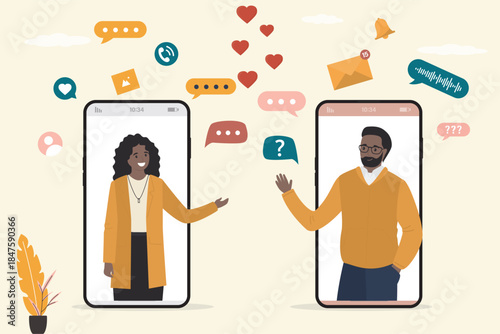 Dating service, modern mobile application. Smartphone with dating app, people avatars on screen. Young adults meeting and talking. Love and relationships in internet.