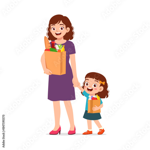 Happy Asian mother and daughter shopping for groceries together smiling brightly while holding hands
