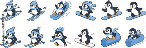 Cute penguin winter sports illustration set, skiing snowboarding sledding characters, playful cartoon animals, blue monochrome design, kids holiday clipart, cold season adventure collection