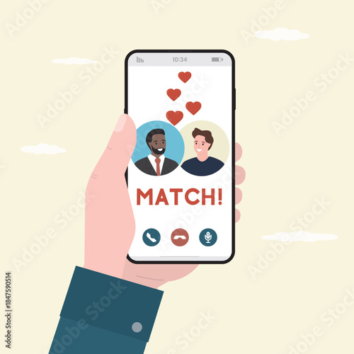 Dating service, modern mobile application. Hand holding smartphone with dating app, male avatars on screen. Love and relationships in internet. Love couple of to young men.