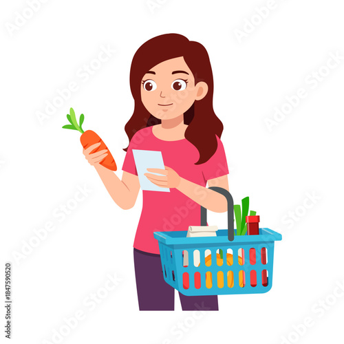 Young Asian woman happily checking a shopping list with a carrot and a basket full of groceries