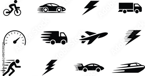 Speed and transportation icon set silhouette style with bike car truck rocket symbols isolated on white background vector illustration