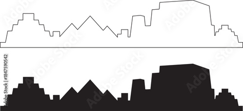 Stylized ancient city skyline silhouette with stepped pyramids and geometric structures black