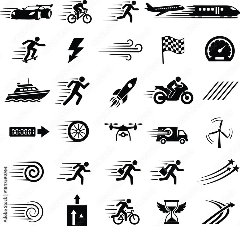 Fototapeta premium Speed and transportation icon set silhouette style with vehicle rocket motion symbols isolated on white background vector illustration