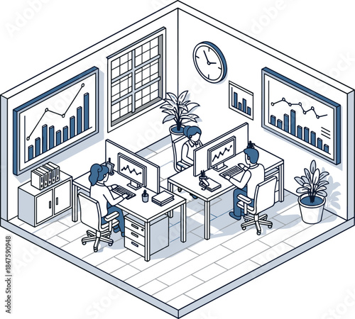Isometric office teamwork illustration, data analysis workspace, business analytics dashboard, modern corporate interior, employees working on computers, charts graphs reports, productivity 