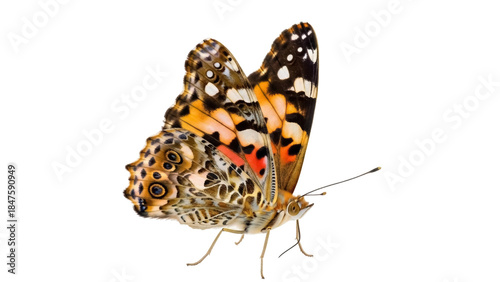 Isolated Painted Lady butterfly wings upright side view detailed bright colors on a neutral base