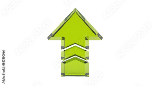 Isolated green up arrow with a modern design, transparent and slightly reflective.