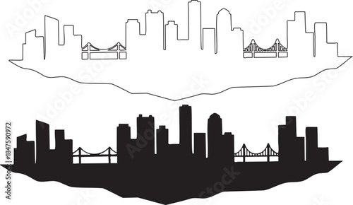Black and white outline and silhouette city skylines with bridges vector