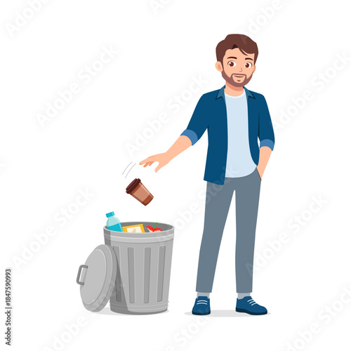 Happy Caucasian man responsibly disposing coffee cup into a trash can showing good environmental practice