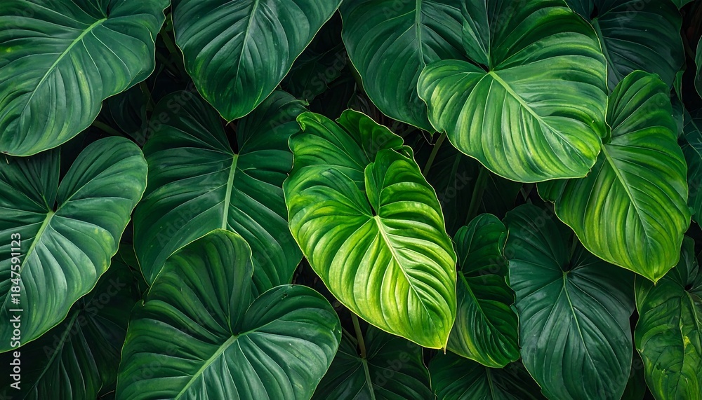 custom made wallpaper toronto digitalLush, overlapping heart-shaped tropical leaves with vibrant green hues and contrasting deep shadows create texture