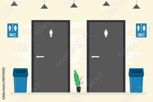 Restroom doors, trash cans and wc signs. Male and female toilet. Artistic design of public restroom. Empty interior, mockup. Abstract concept of lady and gent lavatory